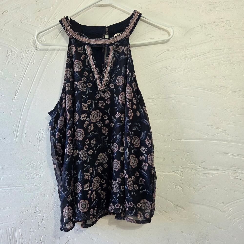 HOLLISTER Woman's Black with Floral Design Top with Two Buttons In Back size L